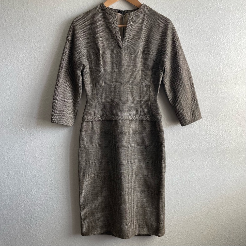 Vintage 1950s Classic Brown Tweed Sheath Dress